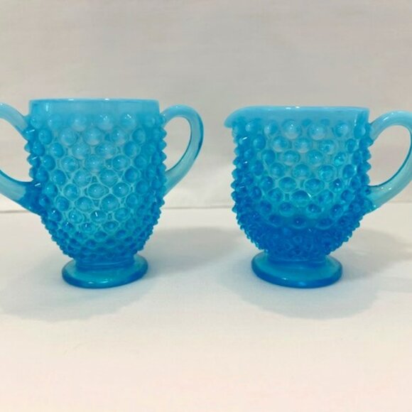 FENTON Hobnail Open Creamer and Sugar - Blue - Vintage - Opalescent - Picture 1 of 10